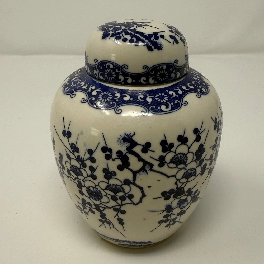Vintage Japan Blue and White Ceramic Ginger Jar Floral Cherry Blossom 5 inches
